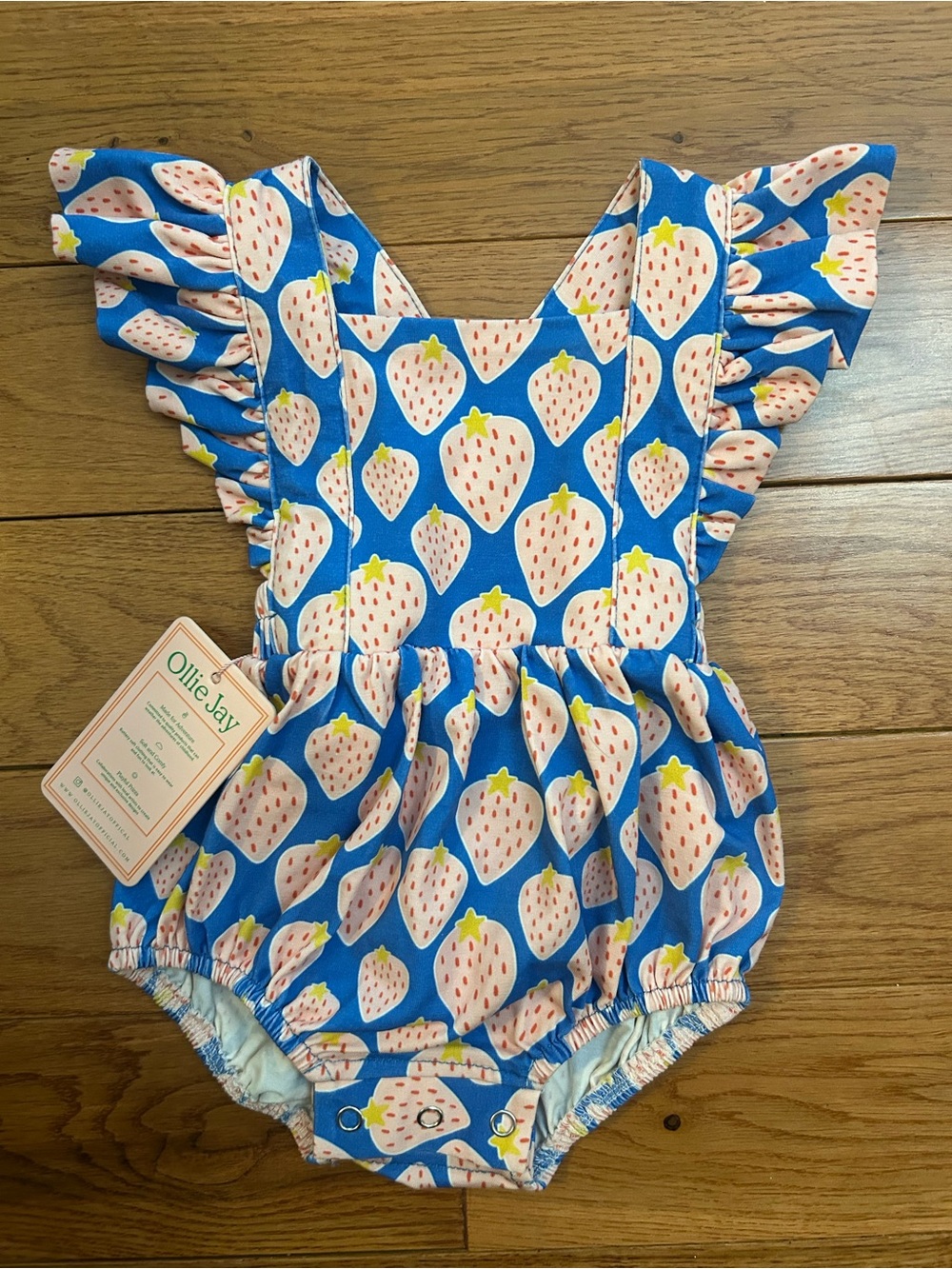 Ollie Jay Emmy Strawberry Baby Romper 6-12M Blue Ruffle NWT Girls